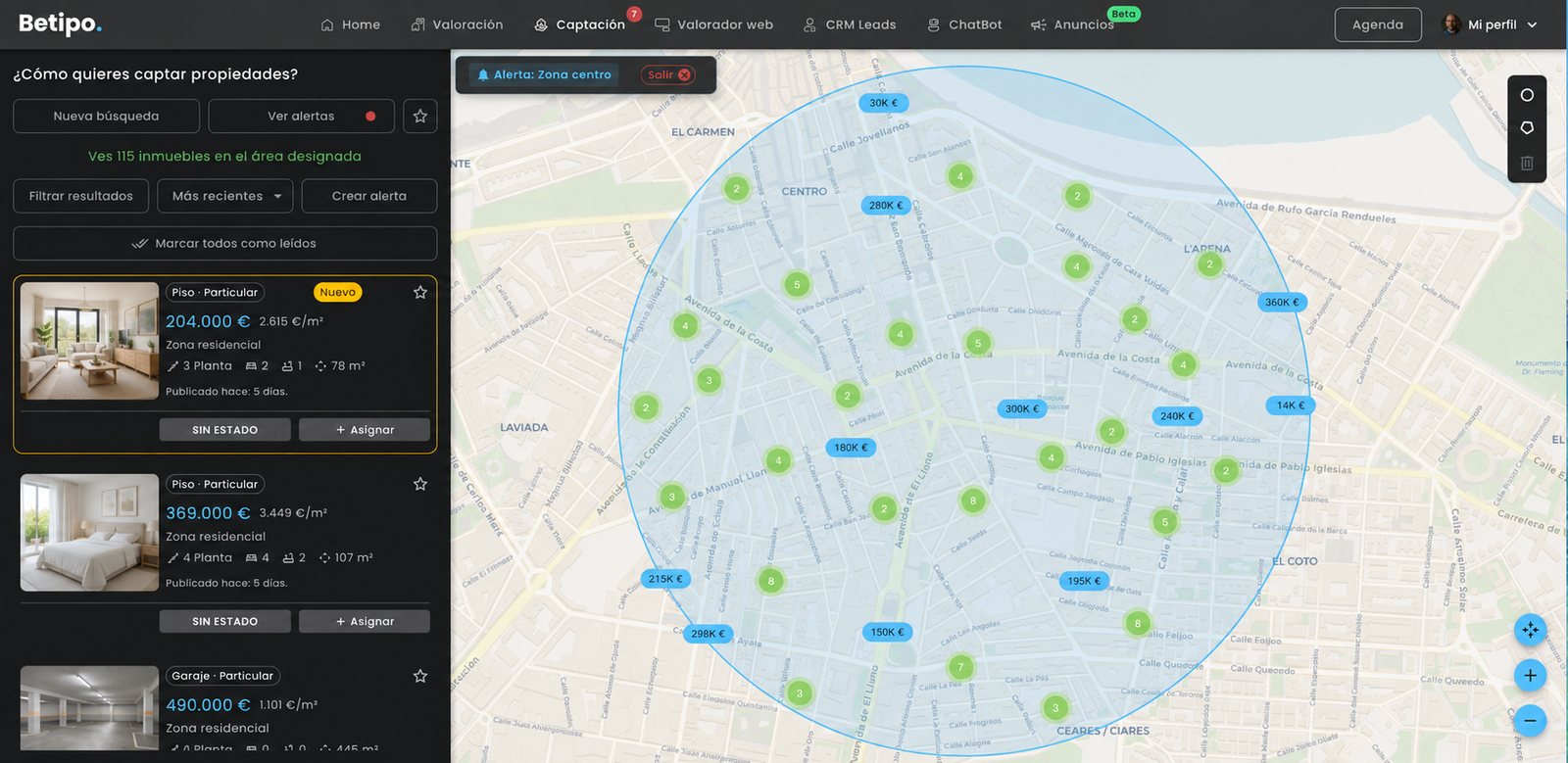 Captación de Betipo: inmuebles de particulares y alerta de zona sobre el mapa