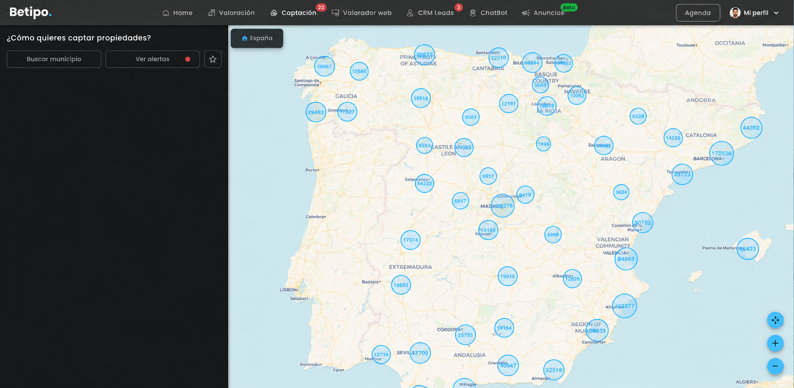 Captación de Betipo: búsqueda de propiedades y mapa de España