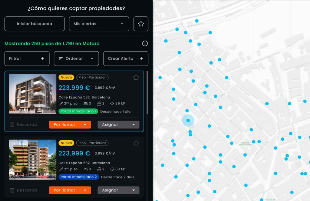 Programa de captación inmobiliaria de Betipo con mapa y anuncios de portales