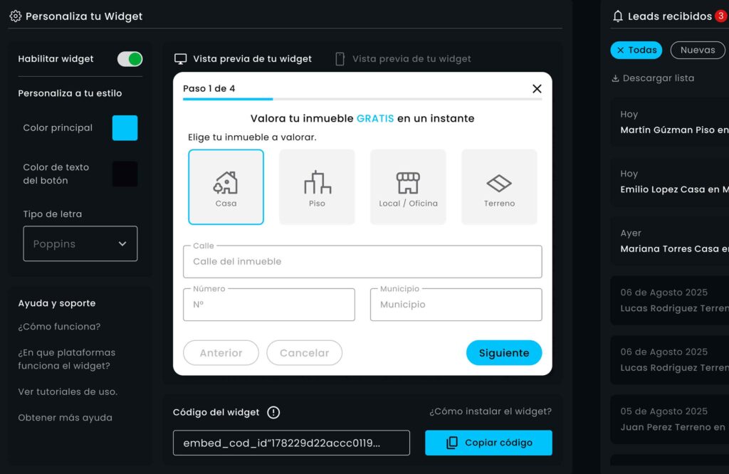 Widget inmobiliario de valoración online de Betipo integrado en una web